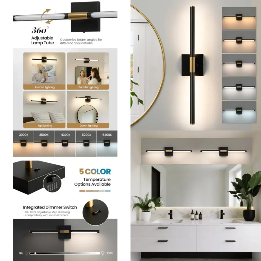 Vanity Light Fixtures for Bathroom Over Mirror LED Bath Sconces IP44 5CCT Adjustable Morden Picture Lights for Paintings Built-