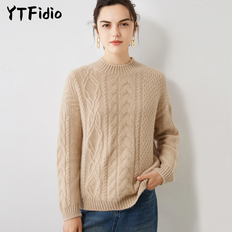 

YTFidio 100% cashmere Women Sweater Autumn Winter Half-turtleneck Office Tops Warm And Soft Pullover Advanced Sense 09