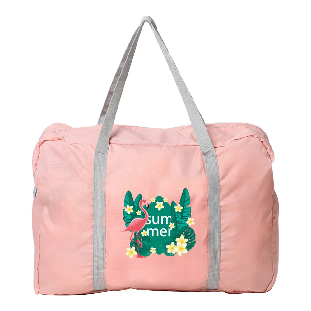 Tas bahu traveling anti air, tas bahu wanita, tas Tote kapasitas besar, dapat dilipat nilon, tas koper motif seri Flamingo, tas tangan modis, tas bahu anti air