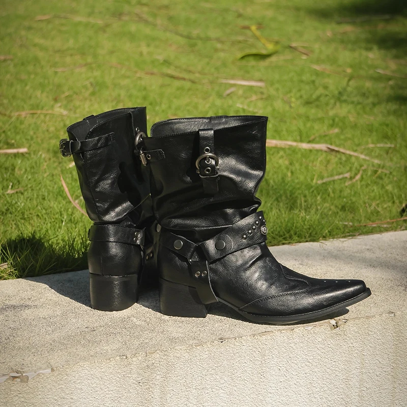 New Belt Buckle Ankle Boots For Women Cowboy Western Boots For Women Slip-On Thick High Heels Boots Women Party Botines Mujer