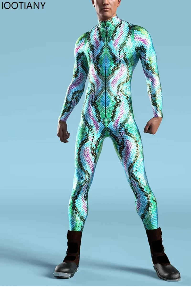 

Men Snake Skin Print Jumpsuit Halloween Animal Cosplay Zentai Suits Holiday Party Bodysuit Punk Masquerade Catsuits Rave Outfits