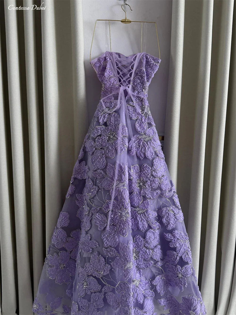 

Contessa Custom Strapless Sweetheart A Line Evening Dress Long Tulle Gown with 3D Floral Lace Appliques and Beaded Corset Back