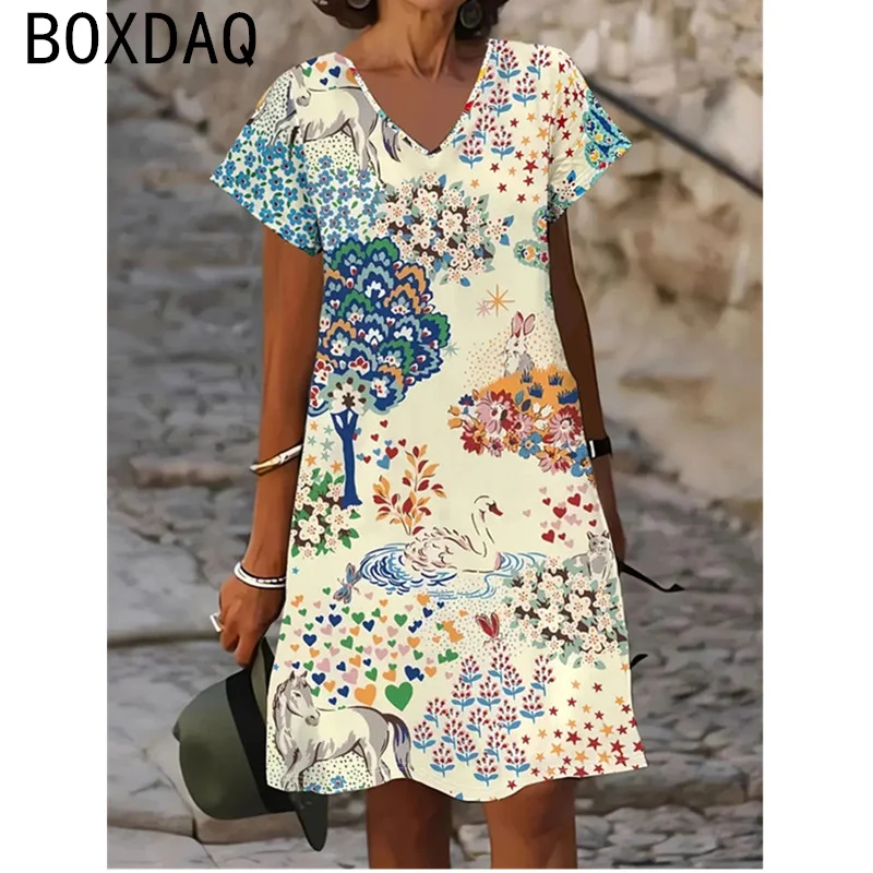 Vestido estampado de manga corta con cuello en V para mujer, vestido personalizado de calle a la moda para mujer, vestido acampanado holgado informal Floral Vintage 3D