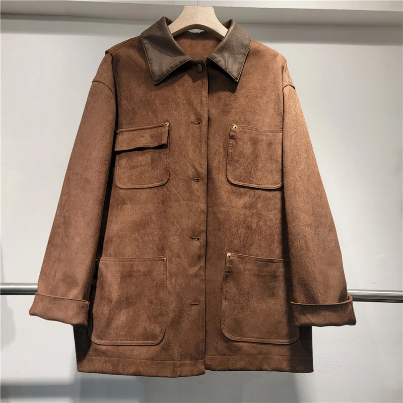 DEAT Women's Coat Lapel Vintage Single Breasted Pockets Suede Brown Loose Female Cargo Jackets 2025 New Fashion Spring 29L8769