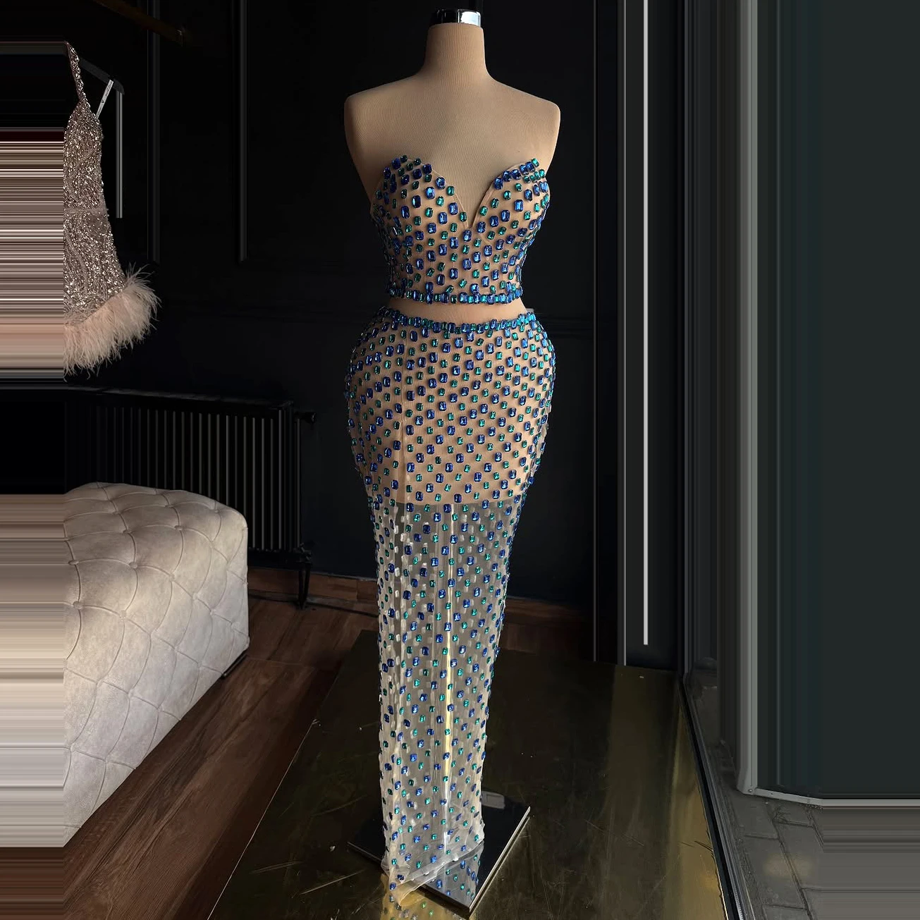 

Elegant Lace Mermaid Prom Dress Blue Full Crystal Illusion Cocktail Dress Strapless Sweetheart Birthday Party Dress Customized