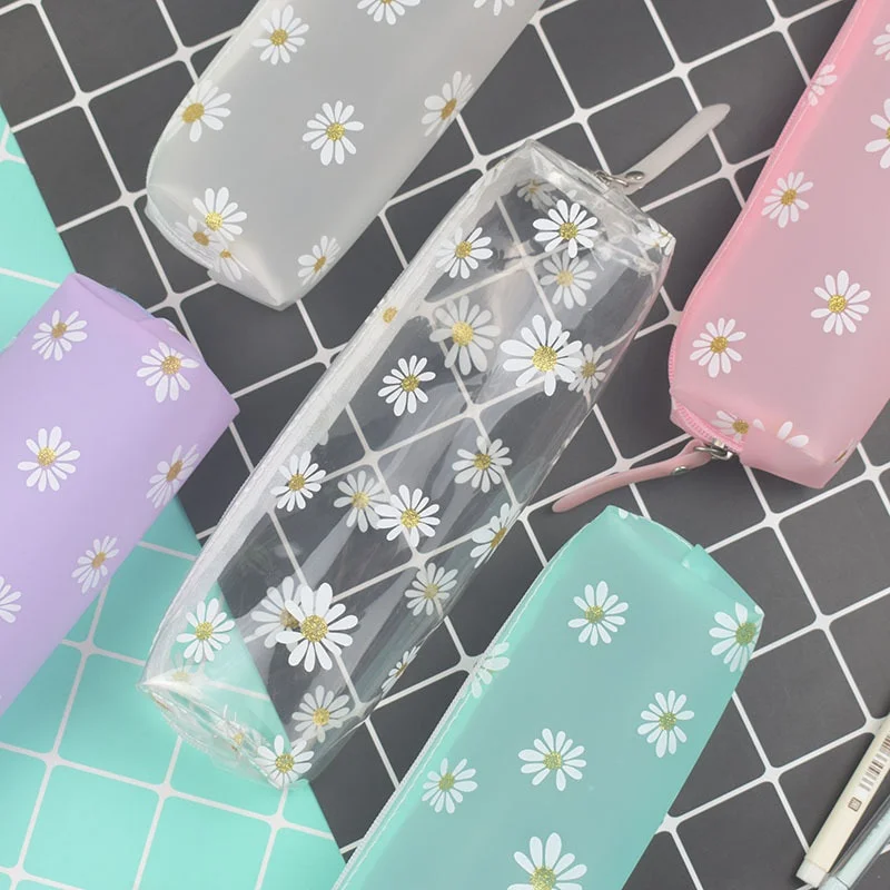 2 Stücke Transparent Kawaii Gänseblümchen Federmäppchen Candy Farbe Geschenk für Schüler Bleistiftbox Schreibwaren