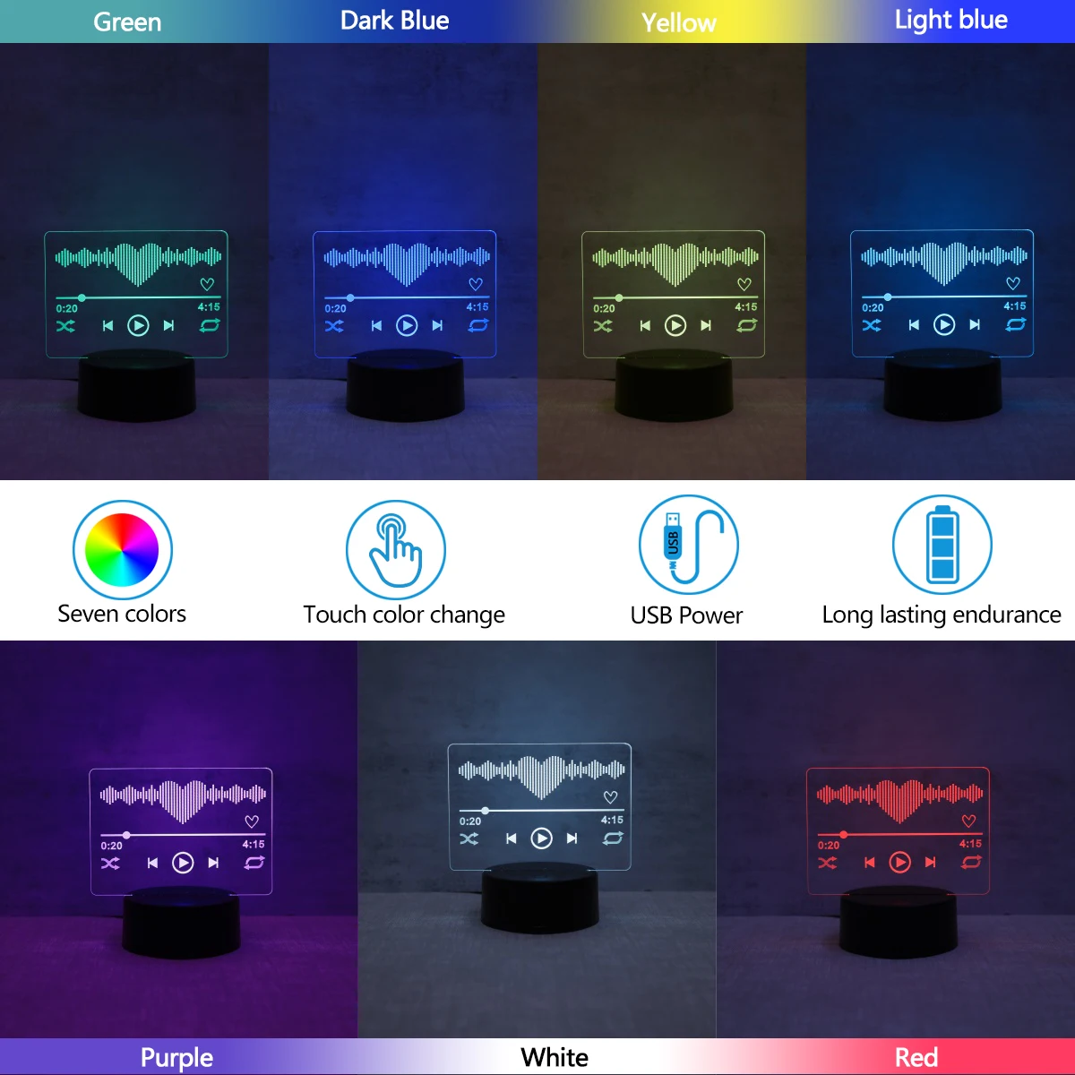 1PC music player 3D visual night light, touch controlled colorful LED lights, bedroom room decoration atmosphere light