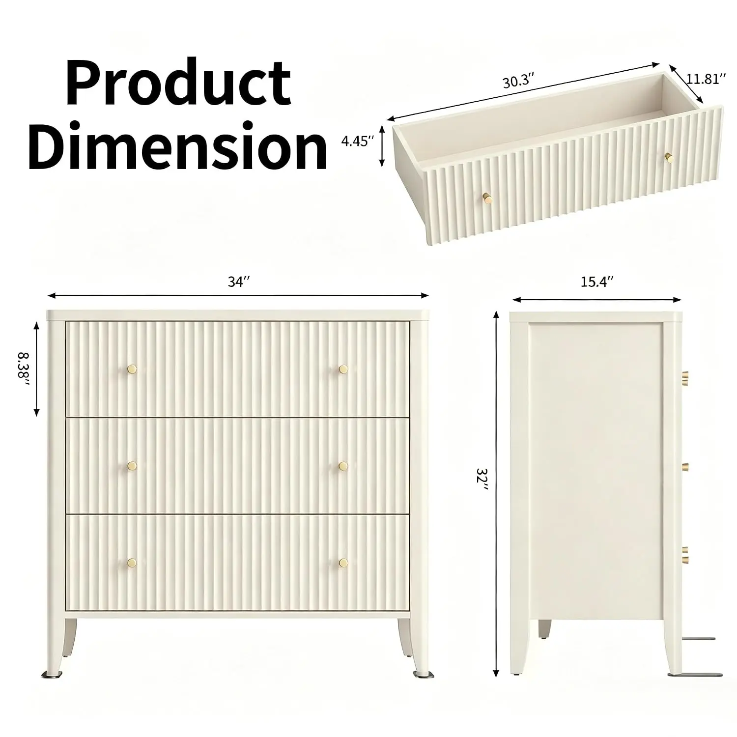 Fluted 3 Drawer Dresser, 34