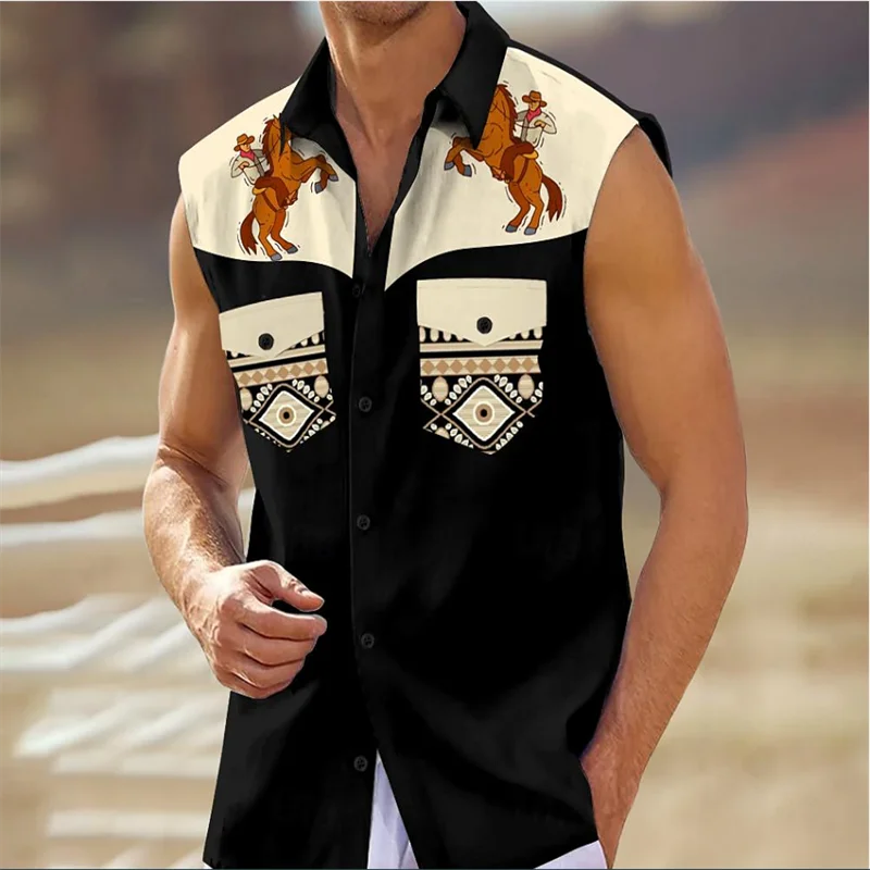 Camisa sin mangas de secado rápido para hombre, estampado 3D, botón de fiesta, viento étnico, vacaciones en la playa, tendencia de moda, novedad de verano