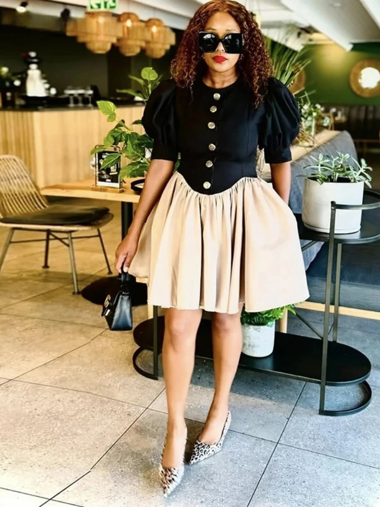 BWQ femmes Patchwork lanterne à manches courtes bouton épissage col rond grande robe trapèze 2025 anniversaire Sexy Club fête même robes 2025