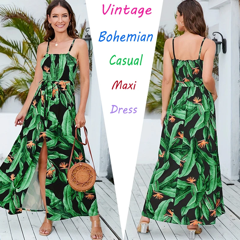 

Summer Floral Print Long Dress Women Boho Beach Sundress Sexy Backless Bandage Slit Dress Casual Elegant Green Sleeveless Dress