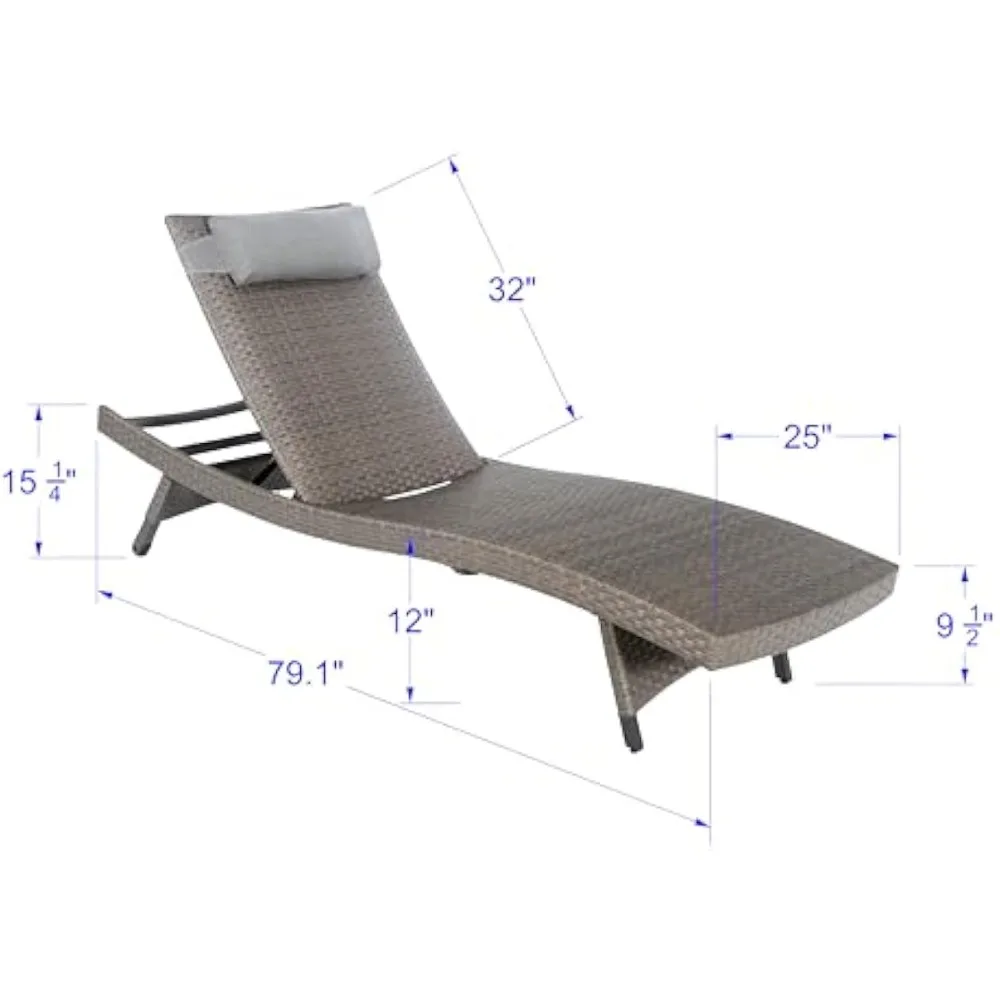 Outdoor Aluminum Chaise Lounge, Stackable Patio Wicker Lounge Chair with Adjustable Back, Wheels, Foam Padding, Headrest