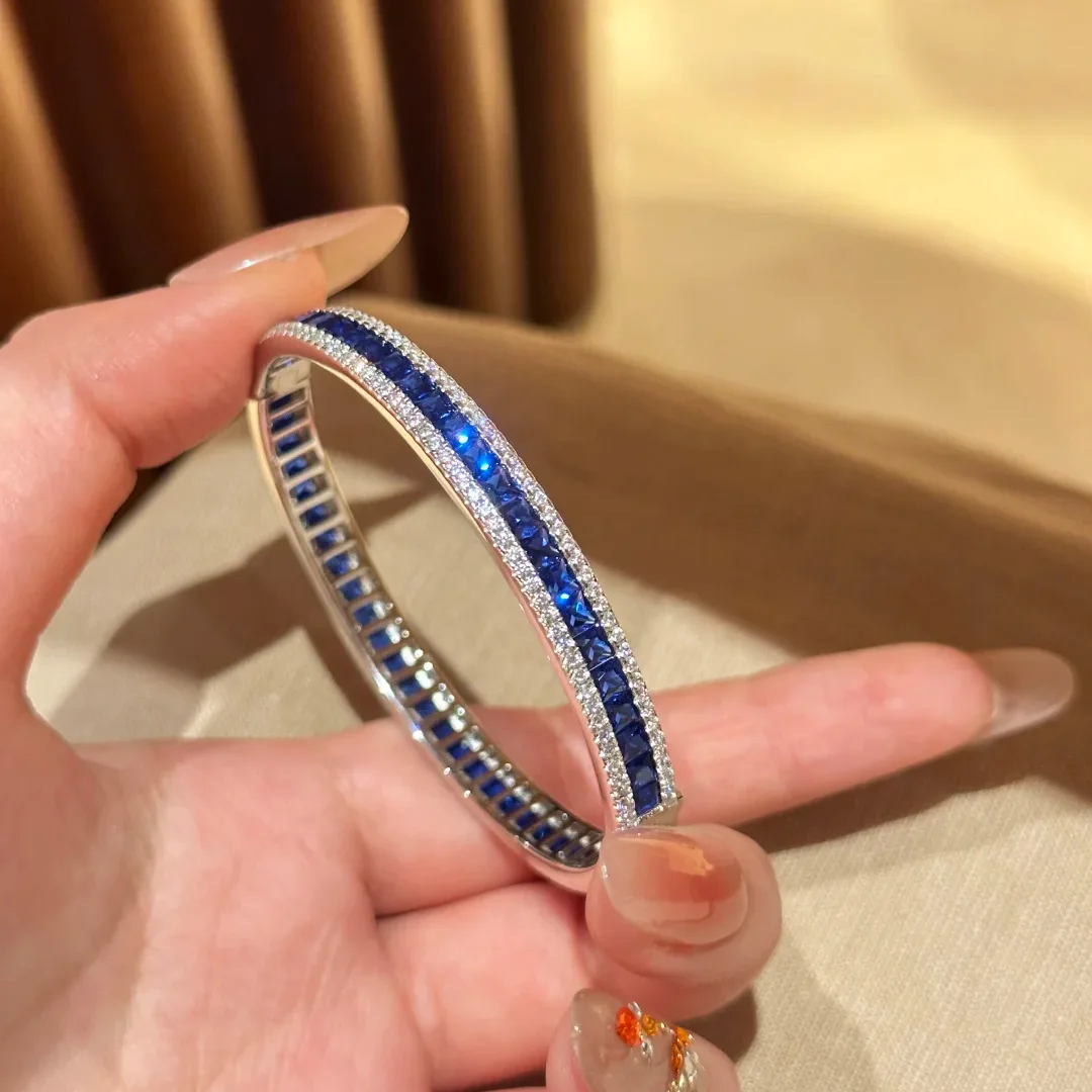 Trendy 925 Sterling Silver Bangle Baguette Cut Grown Sapphire Diamond Party Engagement Bracelets for Women Bridal Wedding Access