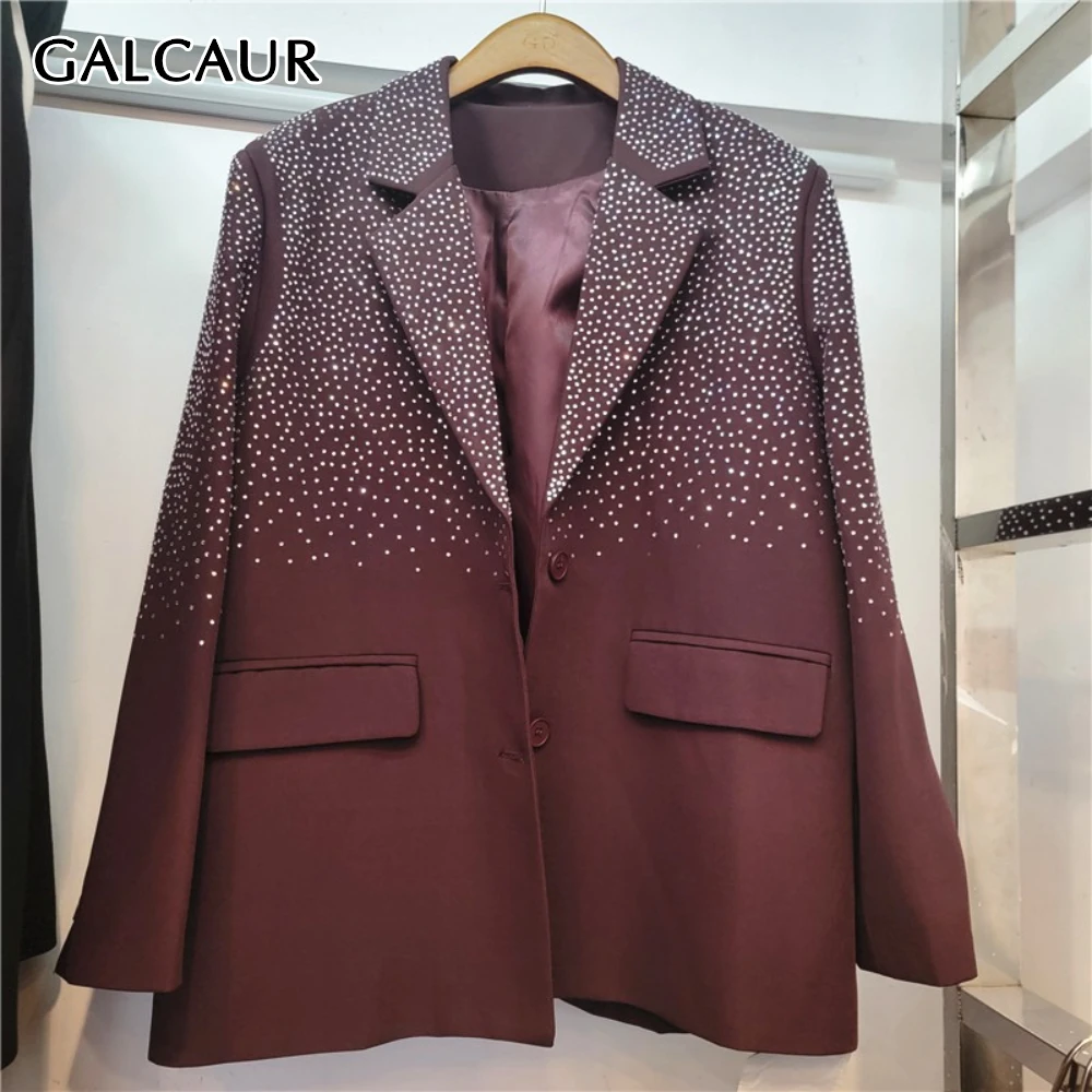 

GALCAUR Solid Spliced Diamonds Chic Jacket Female Lapel Long Sleeve Loose Office Commute Women's Jackets Autumn Style Fashion