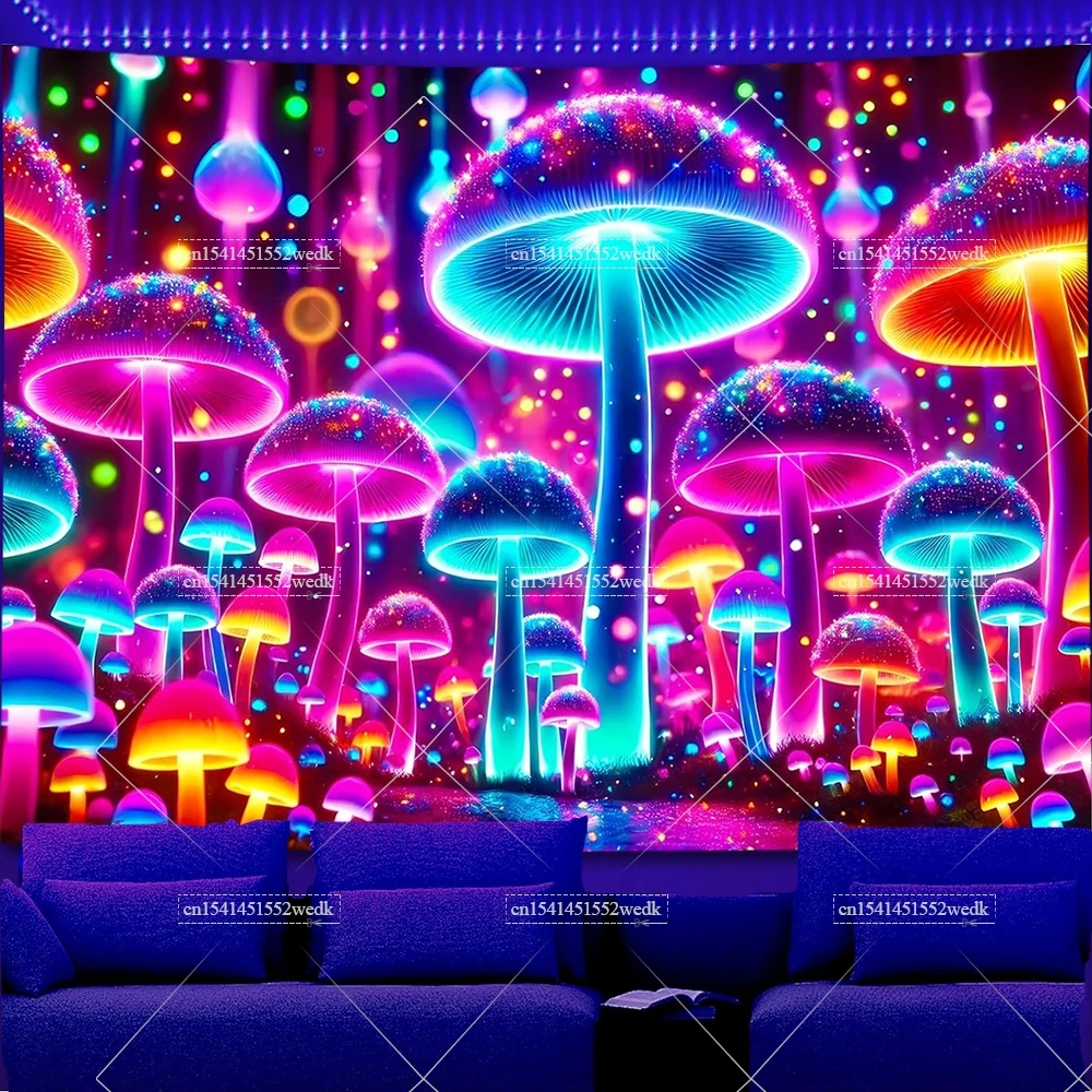 Blacklight Tapestry Mushroom Glow In The Dark UV Reactive Forest Tree Neon Tapestrys Aesthetic Room Art Fluorescent Tapestries