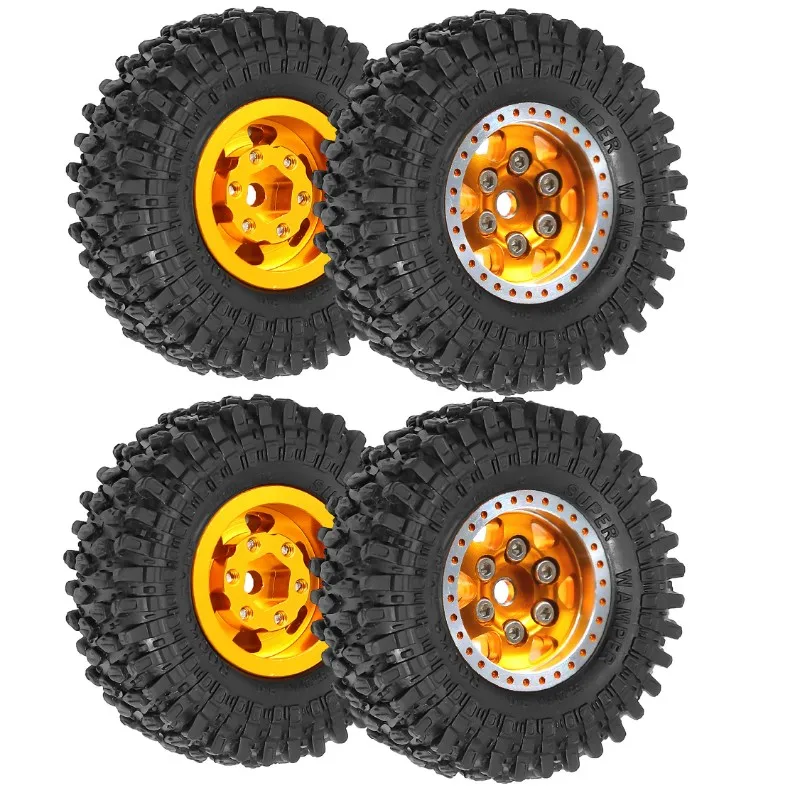 CYGJ-업그레이드 부품- 4개 메탈 비드락 휠&림 고무 타이어 세트 (Axial SCX24 UDIRC FMS Camel Trophy 1/24 RC 크롤러 자동차용)