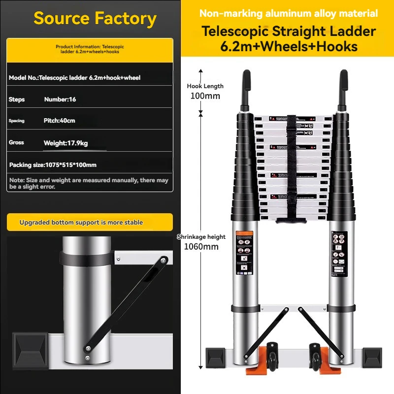 Teleskopleiter aus Aluminiumlegierung mit Haken und Rollen, Höhe 2,2 m bis 6,2 m, stabile Bodenstütze, Anti-Fall-Design