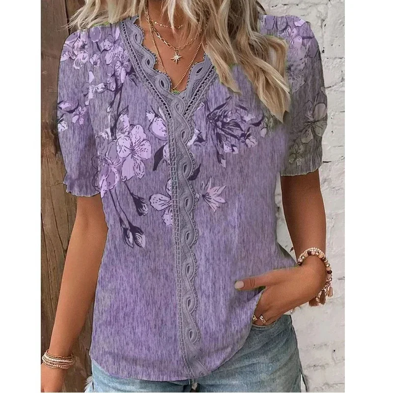 Elegant Women\'s Blouse 2024 Summer V-neck Flower Printed Lace Blouses Casual Vintage Patchwork Shirt Short Sleeve Tops Clothes