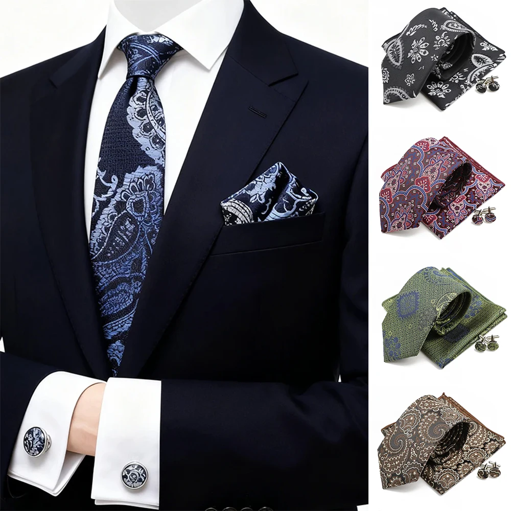 

Новый мужской галстук из полиэстера, нагрудный квадратный комплект запонок, зеленый, винно-красный, коричневый, галстук с цветком пейсли, аксессуары для деловой вечеринки, подарки