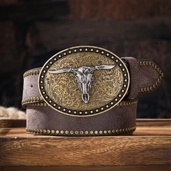 Men & Women-Western-Cowboy-PU Leather-Belts - Vintage horse Belt Floral Engraved Buckle Belt for Jeans