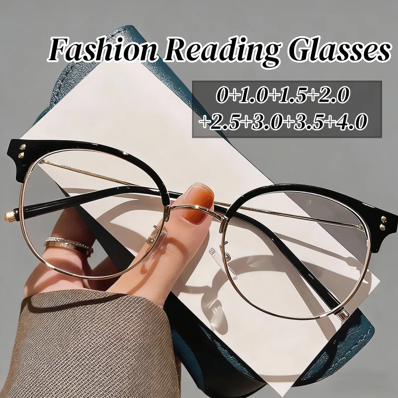 

Stylish Half Frame Reading Glasses Women Men Trendy Blue Light Blocking Hyperopia Ladies Round Frame Plus Diopter Eyeglasses