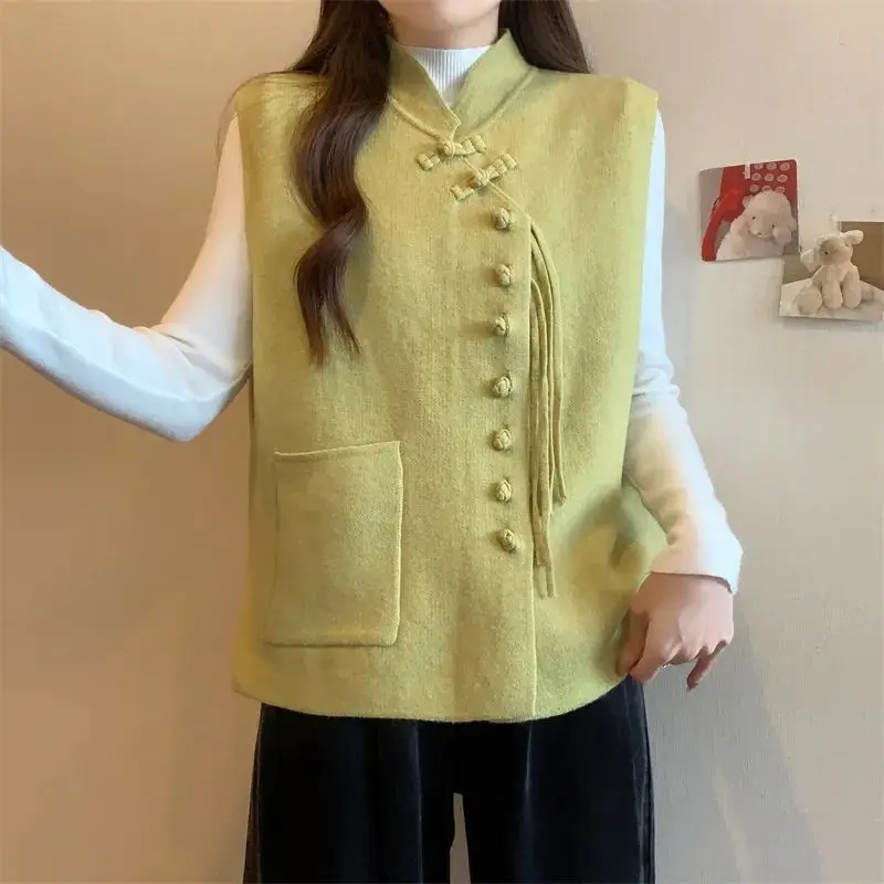 Ретро китайский стиль пряжка осень и зима новый китайский стиль жилет лошадь клип жилет кардиган свитер тренд