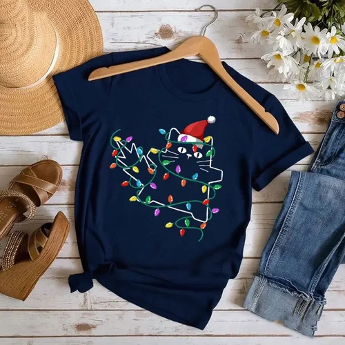 Imagen 2 del producto Camiseta con luces de árbol de Navidad de gato negro, divertida camiseta de gatito de Papá Noel, camiseta Unisex para hombres y mujeres, nueva sudadera informal sencilla y versátil
