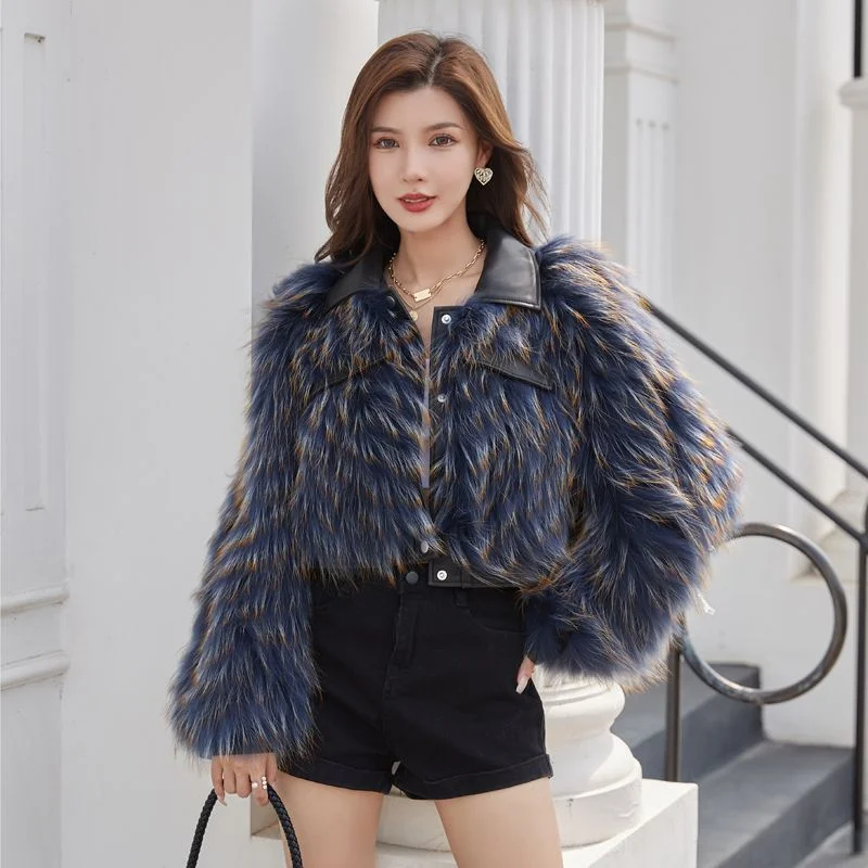 

Luxury Faux Raccoon Knitting Fur Coat Winter Autumn Faux Leather Stitching Fluffy Bomber Jacket Turn Down Collar PU Cardigan