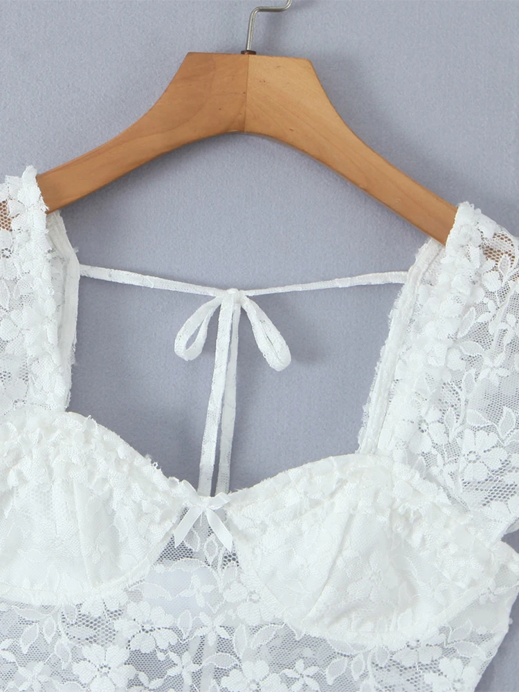 تشو ساو بيوتي 2025 تي شيرت نسائي أنيق من الدانتيل أنيق بفيونكة مقصوصة عتيقة برقبة على شكل حرف v وأكمام قصيرة تي شيرت مثير ضيق بدون ظهر #3