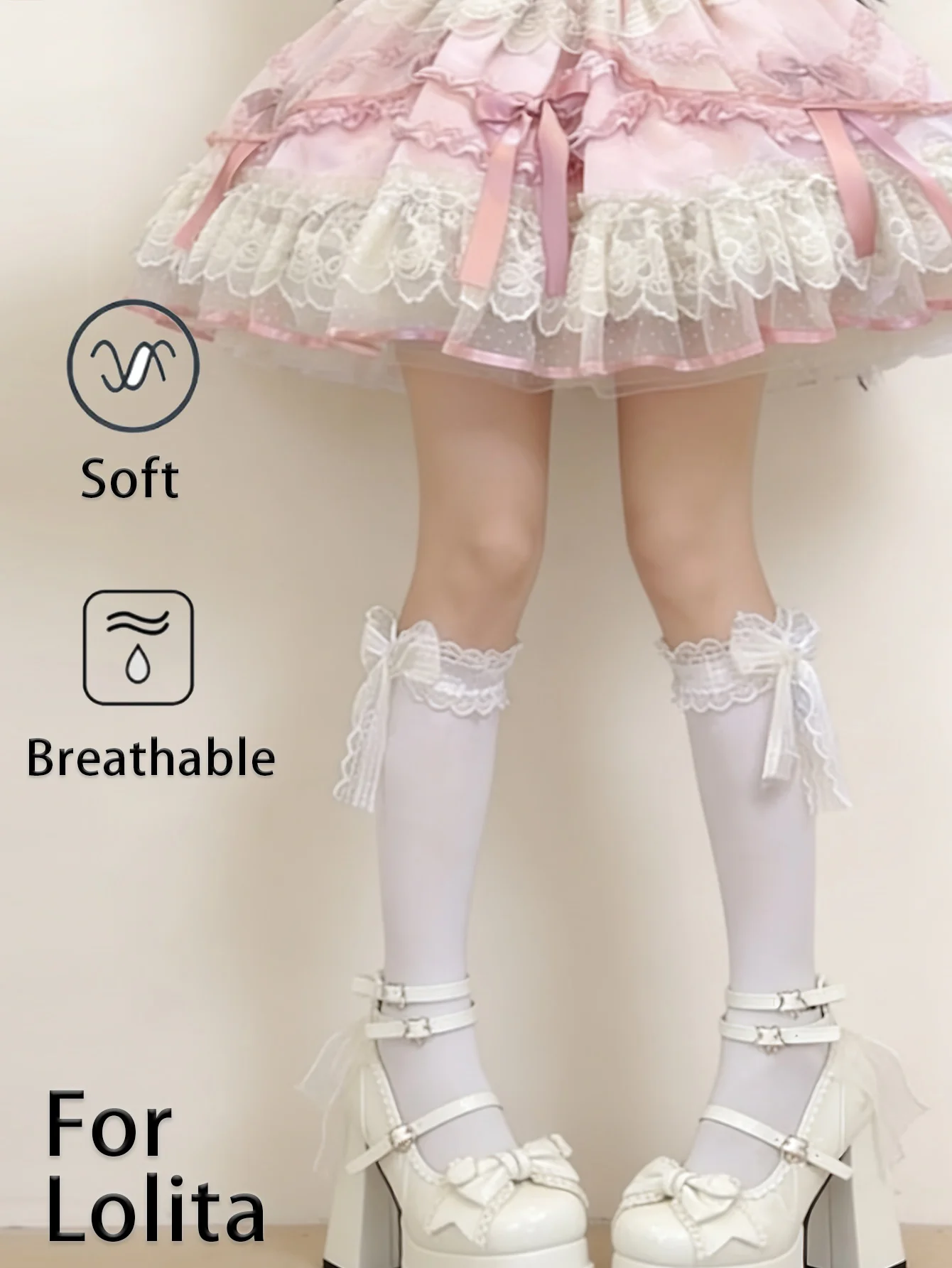 1 Paar einfarbige, wadenlange Damensocken, trendige Spitzenbesatz-Socken mit Schleifendetail, vielseitige mädchenhafte Socken, rutschfeste, niedliche Strümpfe