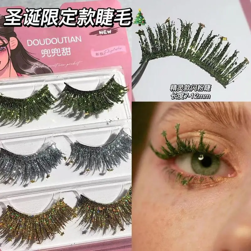 

Doudou Sweet Glitter False Eyelashes Christmas Limited Edition Green False Eyelashes Cosplay Devilish Style Eyelashes Whole Set