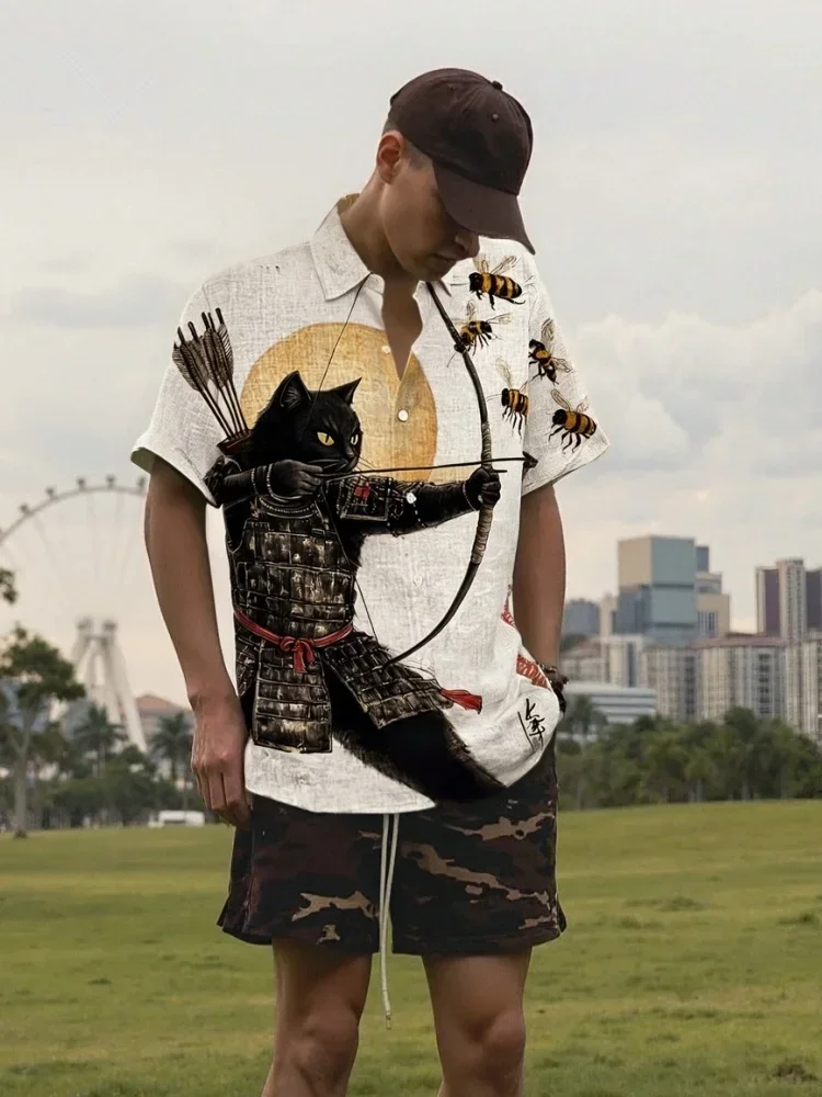 Men's Retro Oversized Beige Printed Tee, Black Cat Tribal Warrior Japanese Kyudo Short Sleeve Lapel Single Breast Shirt