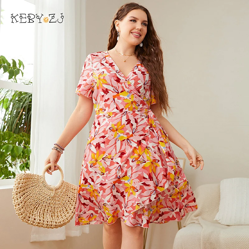 

KEBY ZJ Plus Size V Neck Short Sleeve Print Dress Women 2022 Summer Casual Holiday Waistband A-line Beach Mini Dresses XXXL 4XL