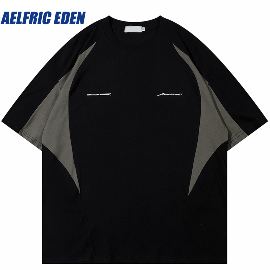 Aelfric Eden Sport Style Hip Hop Oversized T-Shirt Streetwear Men T Shirt Retro Patchwork Harajuku Tshirt Cotton Casual Tops Tee