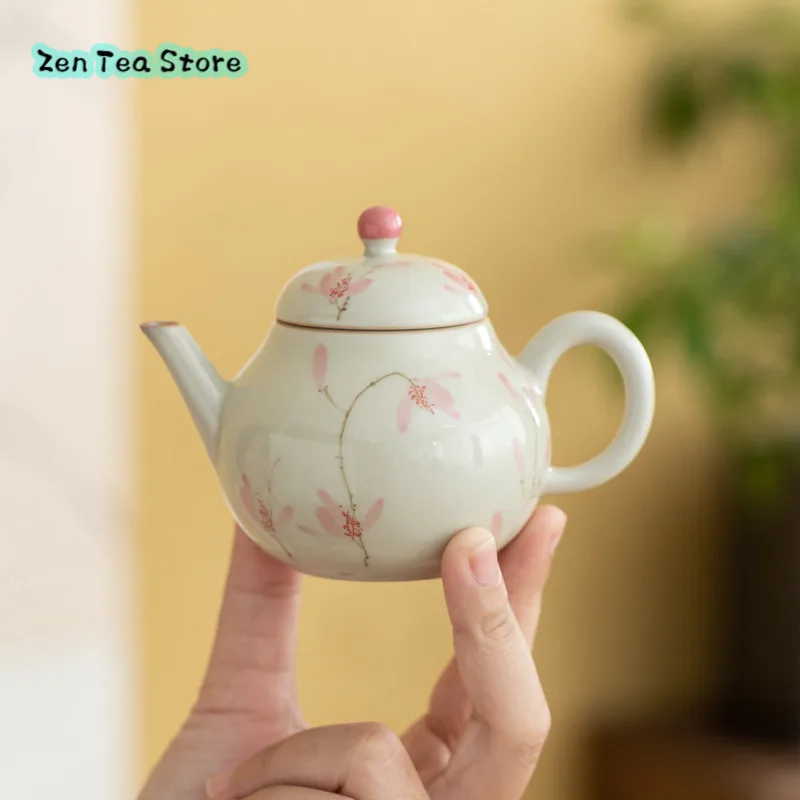 Hand-painted Pink Magnolia Teapot Teacup Kung Fu Tea Set Tea Bag Ceramic Underglaze Color Pear Pot New