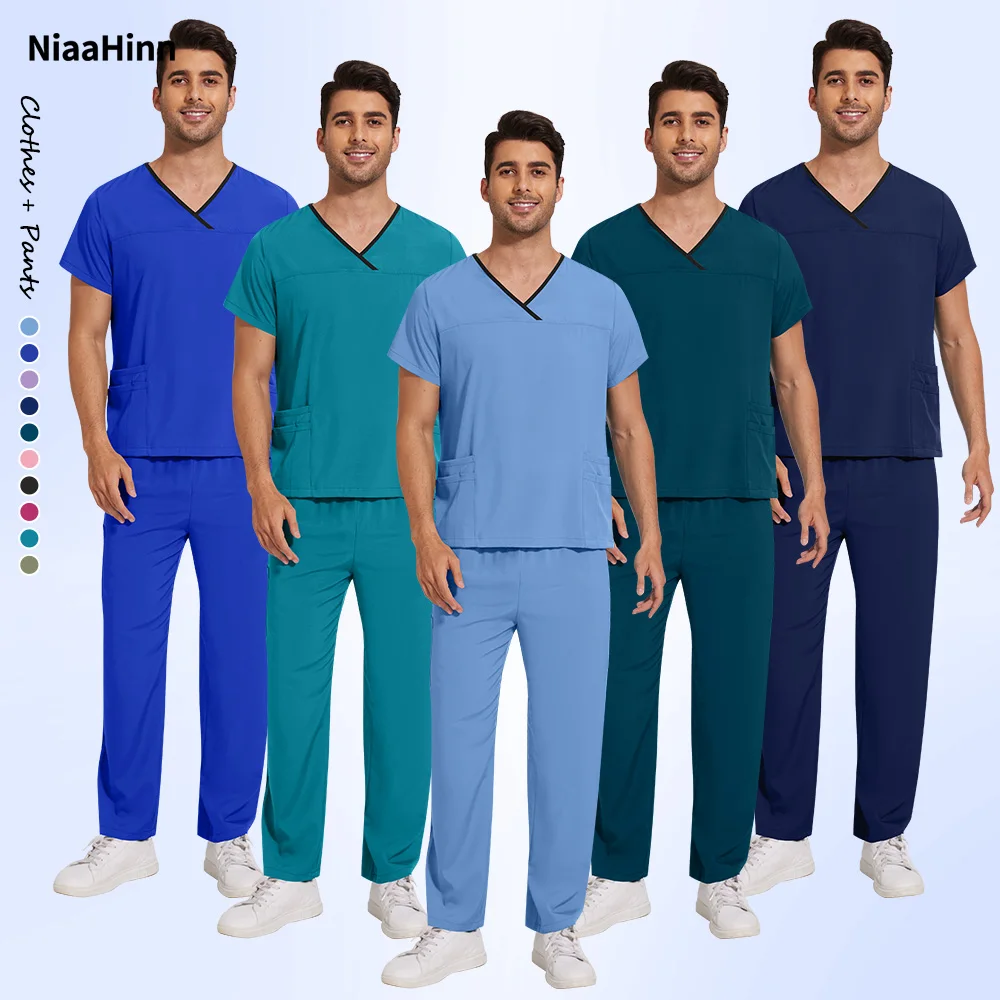

Niaahinn Nursing Scrub Uniform Surgical Suit Short Sleeve Y-neck Tops+Pant Set Men Multicolor Pet Medical Workwear Nurse Clothes