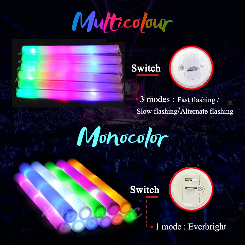 30Pcs RGB LED Glow Foam Stick Bulk Colorful LED Glow Sticks Cheer Tube Dark   Light Birthday Wedding Party Supplies