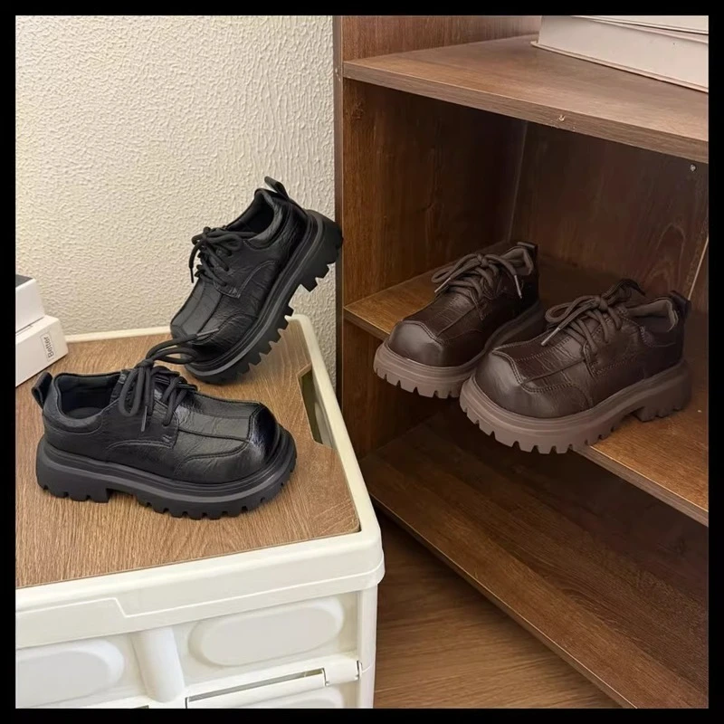 Kids Platform Dress Shoes Black Faux Leather Children Thick Sole Shoes Non‑Slip Boys Girls Casual Party Footwear