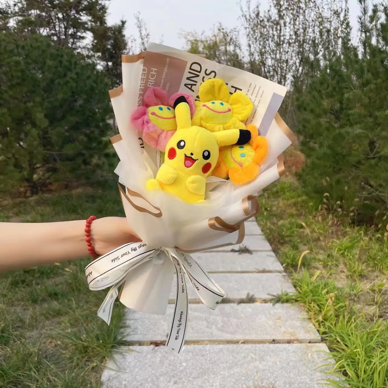 Pokemon Plush Pikachu Cartoon Anime Stuffed Dolls With Sunflowers Handmade Bouquet Christmas Birthday Kids Gift