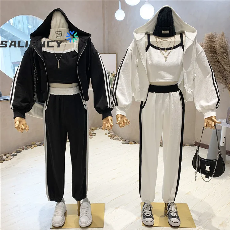 

Autumn Korean Loose Three-dimensional Letters Hooded Zipper Sweater Trousers Three-piece Casual Fashion Sportswear Suit Women