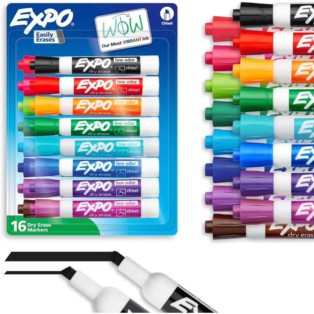 

Chisel Tip Dry Erase Markers, Low Odor, 16 Pieces - Ideal for Whiteboards, Calendars, and Classroom Organization