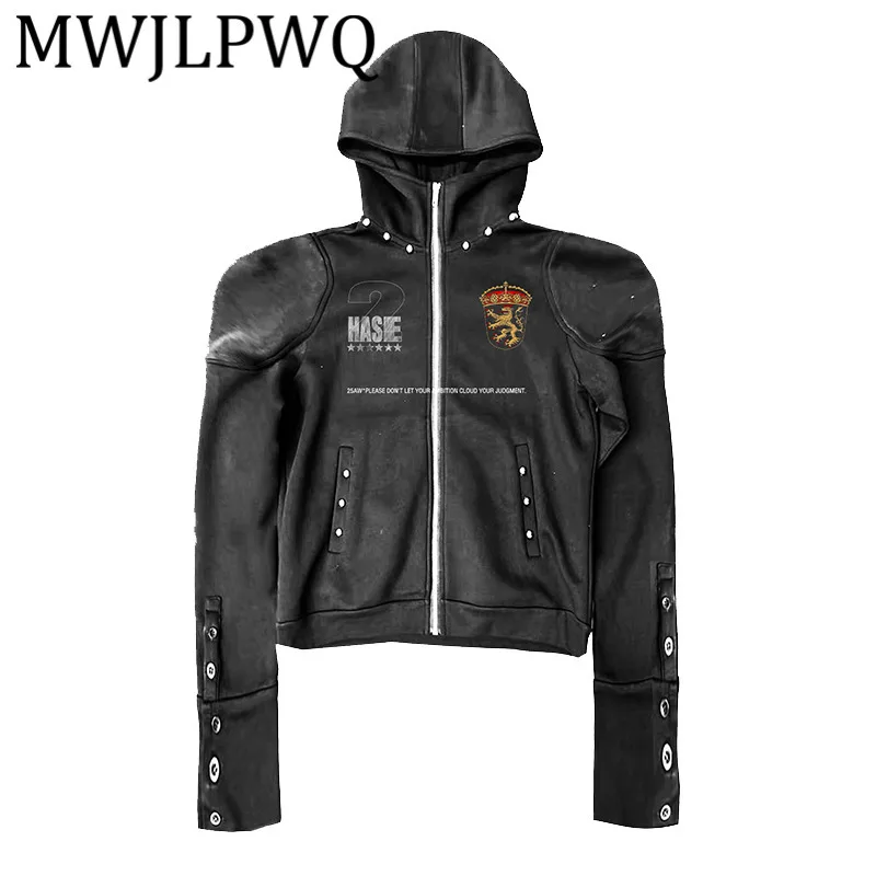 

MWJLPWQ Badge Patchwork Heavy Rivet Design Hooded Jacket For Men High Street Zipper Hiphop Y2k Women Slim Tops 11783