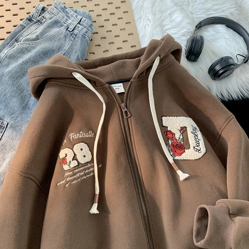 Sweats à capuche brodés gothiques à manches longues pour femmes, vestes adt Y2K, sweats à capuche zippés vintage, streetwear décontracté Harajuku,