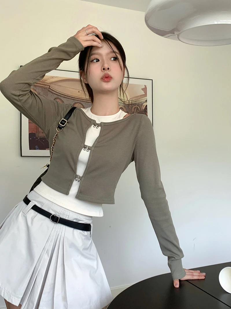 Sweet And Spicy Women's Two-Piece Set Top And Vest Light Maturity Style Korean Commute round Neck Long Sleeve Short Length Sl...