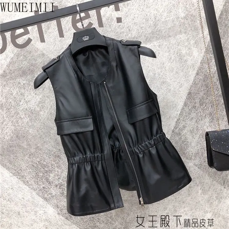 2025 Spring and Autumn New Simulation Leather Vest Women's Short  Sheepskin Vest Wear Fashion Sleeveless Outside