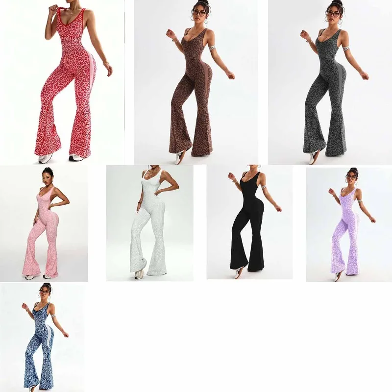 Jumpsuit Women Leopard Print Cross-front Sculpted Back Slightly Flared Yoga Wear Fitness New Comfortable Minimalist Casual Niche