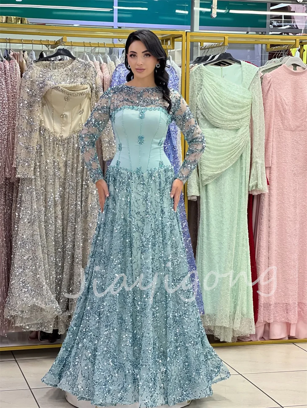 Customized Modern Style Jersey Pleat Lace Pattern A-line Scoop Neck Long Luxury Party Dresses Intricate