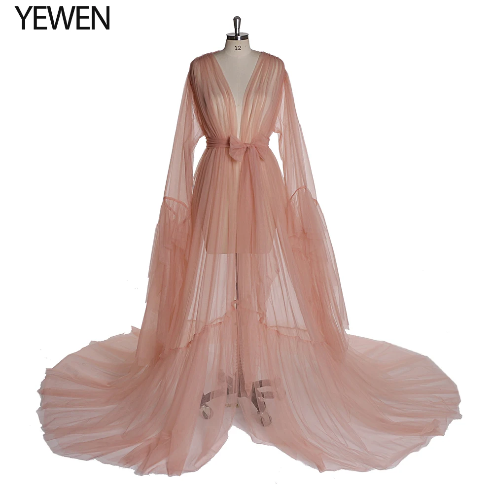 New Design YEWEN Long Sleeve Pink See Though Evening Dress for Photoshoot or Babyshower 2020 Evening Gown Prom Dress