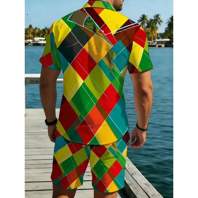 Men's Diamond Patterned Polyester Shirt Shorts Set Colorful No Texture Lightweight Durable Casual Beachwear for Summer view 2