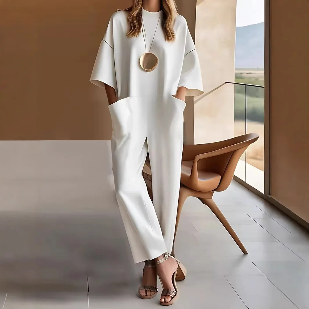 

Women's Loose Jumpsuit Pocket Crew Neck Straight Pants Simple Street Style Office 2025